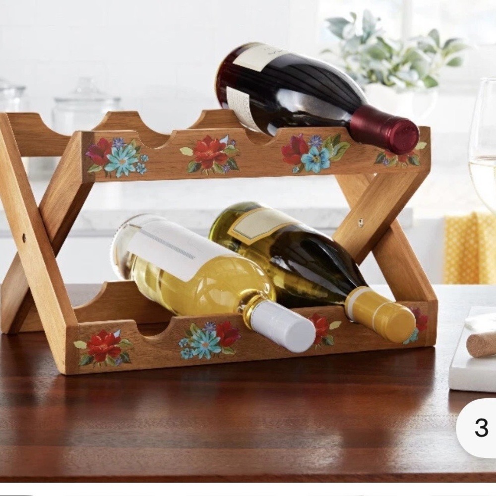 Pioneer Woman Acacia Wood 6-Bottle Wine Rack Floral Collapsible Kitchen Storage